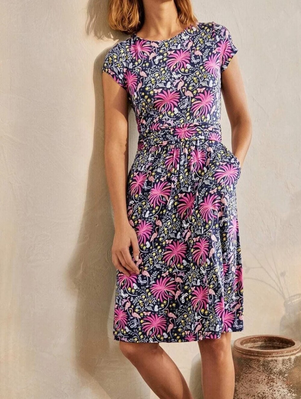 Boden Tropical Flamingo Jersey Dress | Floral Vacation Stretch Mini Dress Sz 2